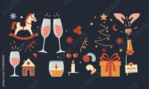 Festive Holiday Illustration Champagne Toast, Christmas Ornaments, Gifts, and Celebration Elements