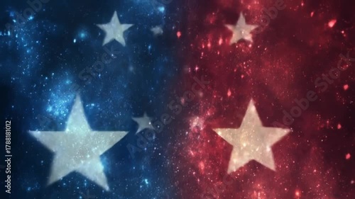 Patriotic background with starry sky, featuring white stars on red and blue, glittery textures