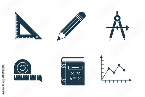 Silhouette vector icons for mathematics and geometry, showing ruler, pencil, compass, measuring tape, educational book, and data graph.