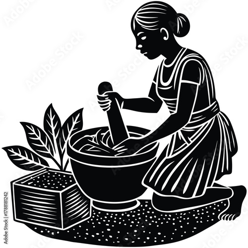 Grinding Spices Woman Silhouette Illustration - Mortar and Pestle Art on White Background