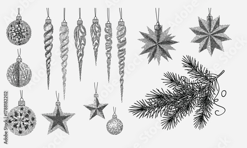 Collection of Various Christmas Ornaments and Pine Branches in a Vintage Sketch Style
