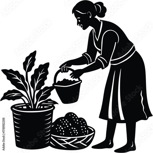 Gardener Watering Plant Woman Silhouette Black and White Vector Illustration on White Background