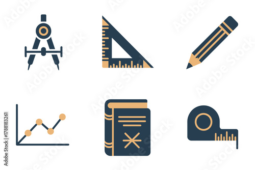 Flat vector icons for mathematics study, featuring geometry instruments, compass, ruler, pencil, measurement tape, educational book, and graph.
