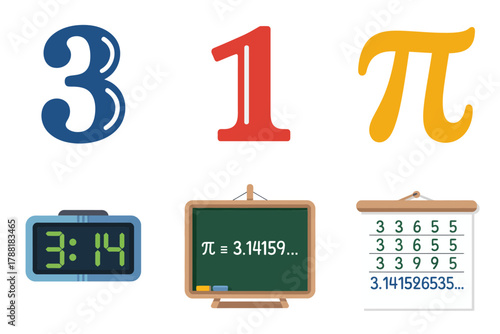 Flat vector icons for mathematics and constants, illustrating Pi number, digital clock time, blackboard formulas, and complex calculations.