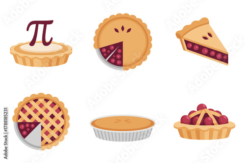 Flat vector icons for dessert and mathematics, featuring various baked pies, slices, Pi symbol, and bakery sweet food items.