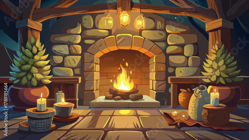 Rustic stone fireplace with glowing burning logs inside, wooden mantel decorated with candles and pinecones, golden firelight casting soft shadows across the room, evoking warmth, peace and cozy