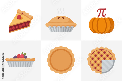 Flat vector icons for autumn desserts, illustrating delicious pumpkin pie, sweet baked treats, holiday food, and bakery slices.