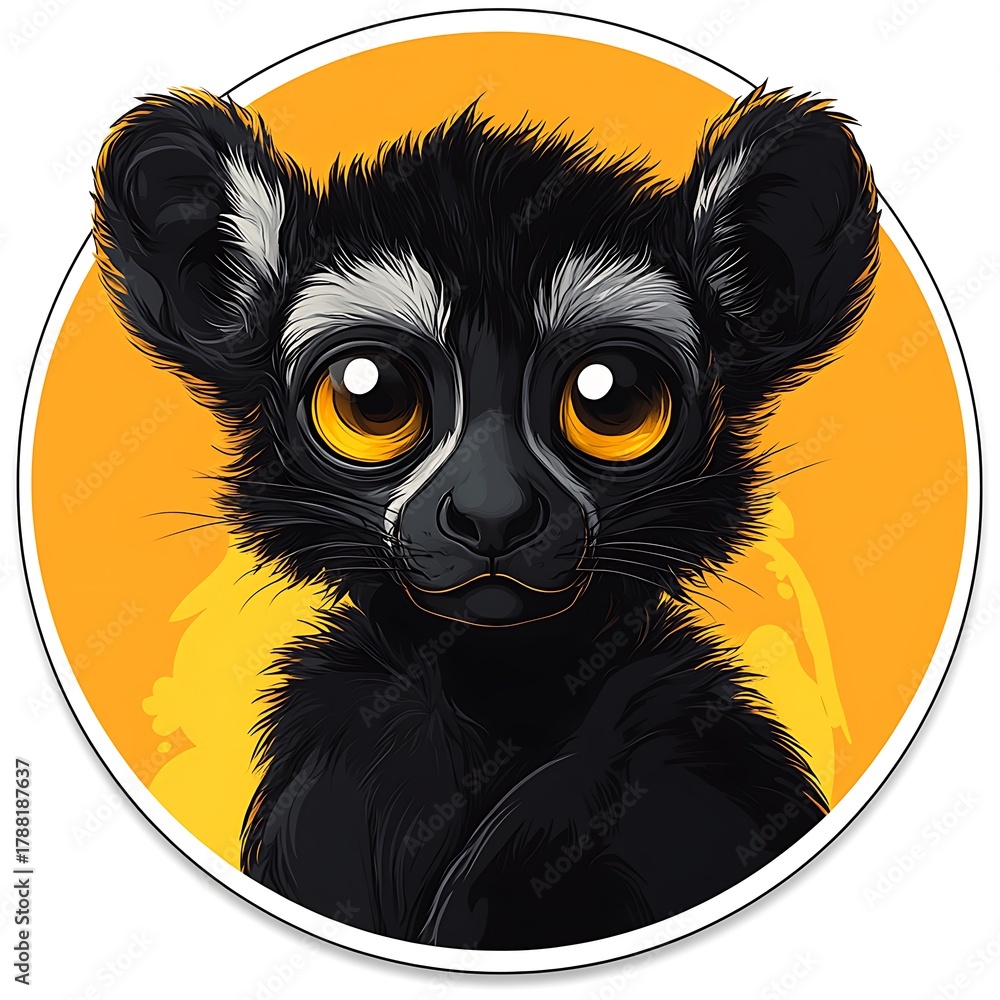 Obraz premium Cute photo Black Lemur Character with Big Yellow Eyes on Orange animal face