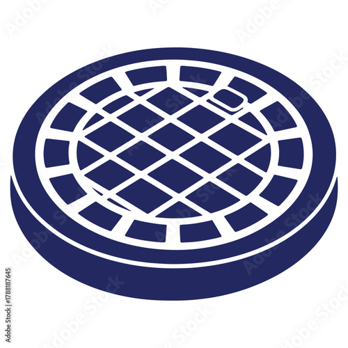 Dark Blue Manhole Cover Illustration with Grid Pattern on White Background Represents Infrastructure and City Services