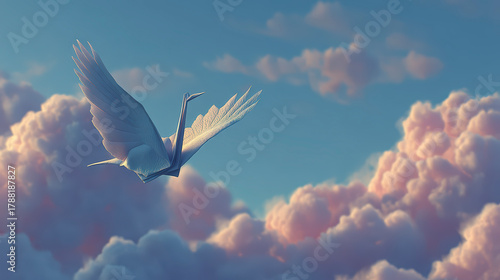 A translucent, origami crane soaring gracefully against a serene backdrop of fluffy, pink-tinged clouds in a peaceful sky.