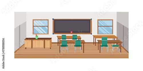 interior of a traditional school classroom with wooden floor and furniture.
