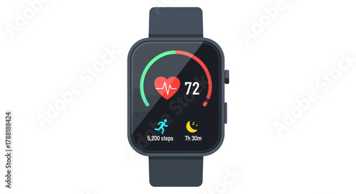 A dark smart watch displays heart rate, step count, and sleep time with colored indicators on a black screen