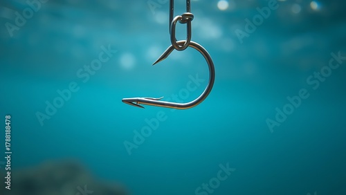 limnetic. Close-up of a metallic fish hook submerged in clear blue water. wildlife magazines, conservation campaigns, designed for eco-tourism storytelling, celebrates biodiversity.