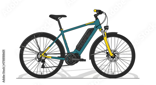 Vector-style illustration of an electric bicycle with teal frame, yellow accents, and black components against a white backdrop