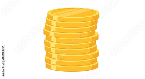 A stack of ten golden, circular coins, slightly offset, against a plain white background. The light glints off the edges