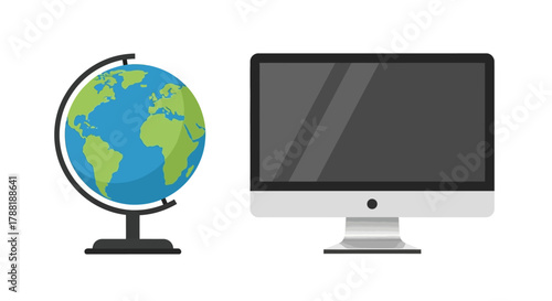 A globe of Earth sits beside a modern computer monitor. Both are simple illustrations against a white backdrop