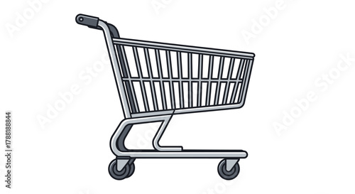 A side view illustration of an empty metal shopping cart with wheels, handle, and basket, on a white background