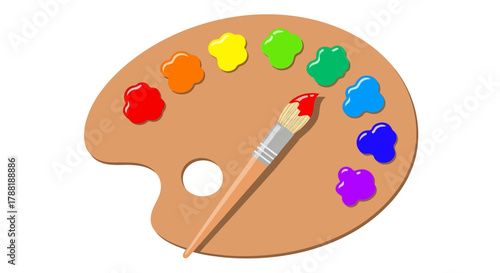 Wooden palette holds dabs of primary and secondary colors. A paint brush, laden with red, rests. Isolated on white