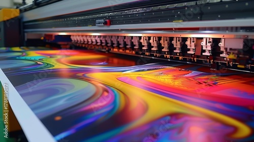 Large Format Printer Printing Colorful Abstract Design Close Up Industrial Precision