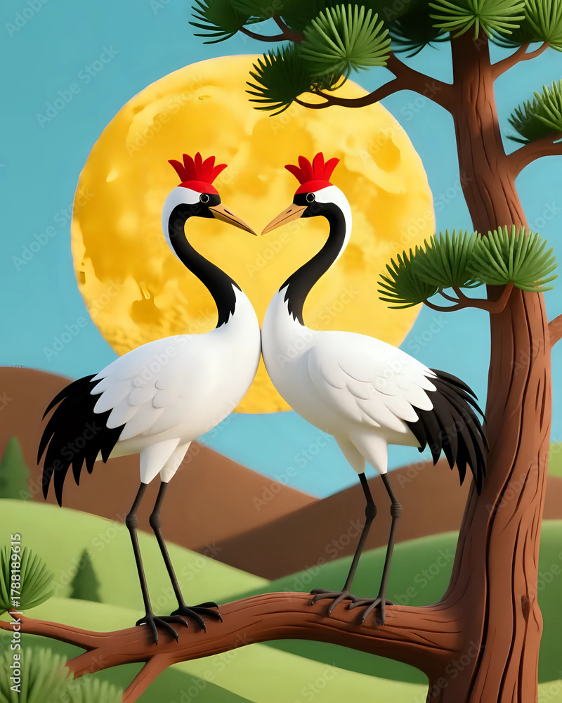 Naklejka premium Two cranes sitting on a branch 