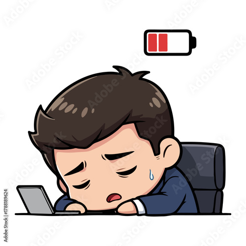 Exhausted Businessman Sleeping on Laptop with Low Battery Indicator Overhead
