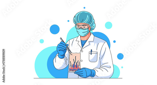Detailed medical illustration of dermatologist researching skin conditions in laboratory setting