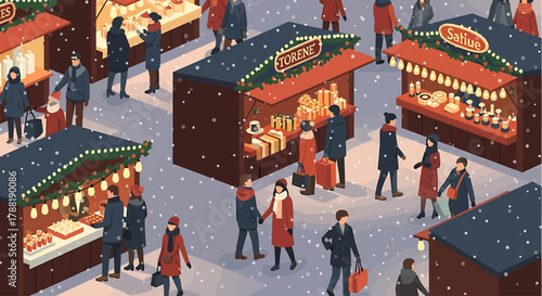 A vibrant flat design illustration capturing the festive atmosphere of a European Christmas market, with shoppers enjoying stalls under falling snow and warm lights. 