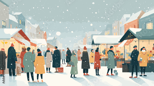 A vibrant flat design illustration capturing the festive atmosphere of a European Christmas market, with shoppers enjoying stalls under falling snow and warm lights. 