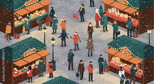 A vibrant flat design illustration capturing the festive atmosphere of a European Christmas market, with shoppers enjoying stalls under falling snow and warm lights. 