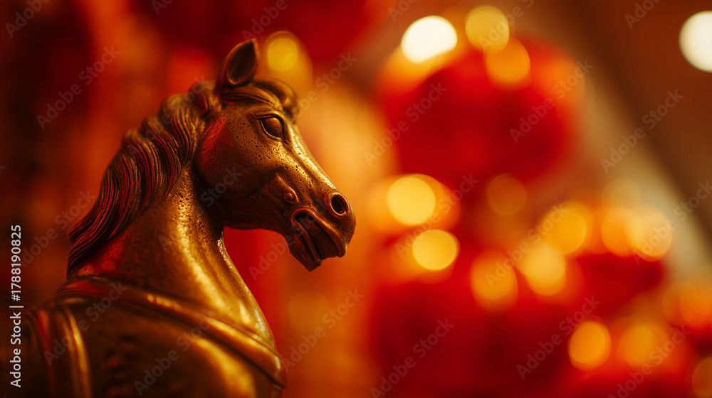 Fototapeta premium Golden horse with red Chinese lanterns — elegant festive composition symbolizing success, power, and the Year of the Horse in Chinese zodiac, perfect for Lunar New Year 2026 greetings, posters
