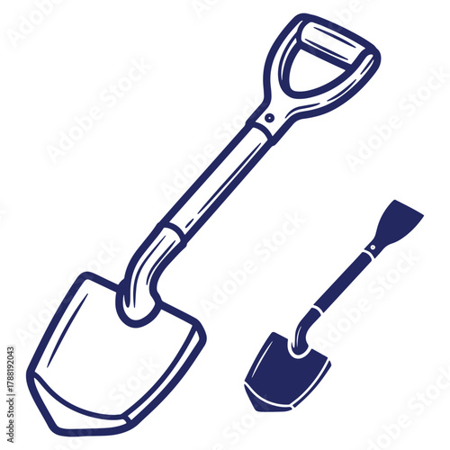 Hand drawn outline illustration of two shovels in different sizes for gardening and construction works in agricultural fields or building sites