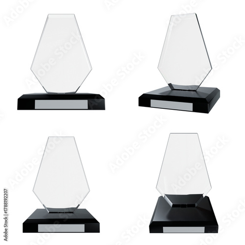 3d render of award glasses trophy acrylic in hexagon shape. transparent background