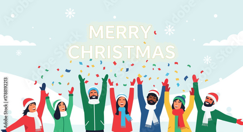 Diverse group of happy people celebrating christmas with confetti and snowflakes falling in a winter landscape