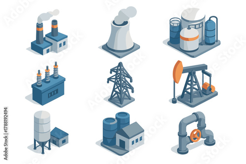 Isometric Industrial Energy and Power Plant Icons Set