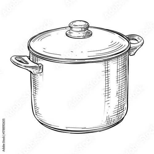 stainless steel cooking pot vector line art hand drawn illustration