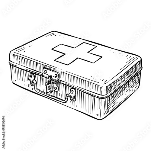 first aid medicine box vector line art hand drawn illustration