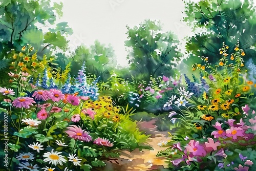 Watercolor Painting of Flower Garden Path with Daisies Coneflowers and Lupine in Bloom Impressionistic Style