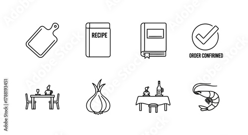 Culinary Adventure Line Art Icon Set Featuring Cutting Board, Recipe Book, Order Confirmation, Romantic Dinner, Onion, Gourmet Meal, and Delicious Shrimp, all in Minimalist Black and White Design