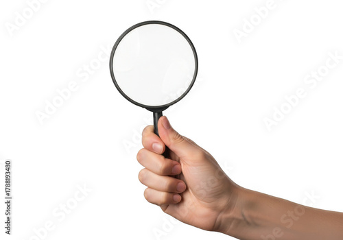 Hand holding a magnifying glass with a smoky lens isolated on transparent background
