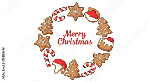 Festive merry christmas greeting card featuring a circular arrangement of decorated gingerbread cookies and candy canes