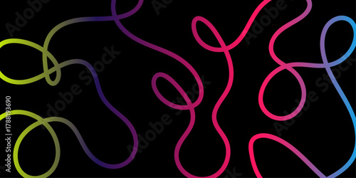 Vibrant abstract flowing gradient ribbons lines on a black background. These vibrant strands twist curve stark background, creating a festive, energetic, catching display. 