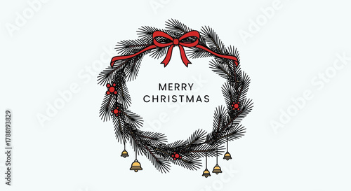 A festive christmas wreath with a red bow red berries and golden bells adorned with the words merry christmas in the center