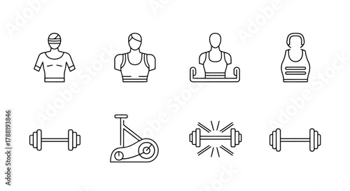 Fitness Collection Outline Icon Set Featuring Workout Exercises, Gym Machines, Weight Lifting, and Athletic Body Isolated on White Background in Vector Design 200 Characters