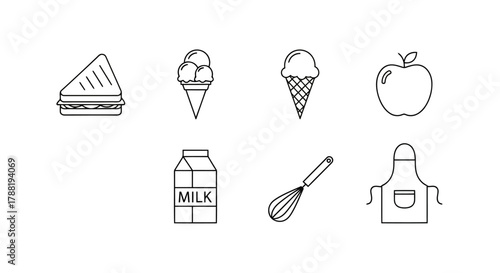 Food and Nutrition Concept in Line Art Style Featuring Various Type of Healthy and Unhealthy Food with Sandwich, Ice Cream, Apple, Milk, Whisk, Apron Isolated Vector Illustration on White Background