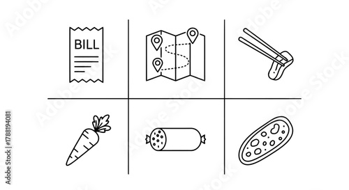 Food and Lifestyle Vector Illustration Concept Representing Bill, Map, Meat with Chopsticks, Carrot, Sausage and Pizza Design with White Background Exactly 200 Character
