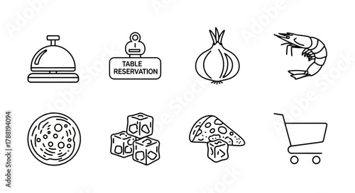 Food and Restaurant Related Linear Icons Featuring Bell Table Reservation Onion Shrimp Pizza Ice Cubes and Shopping Cart Vector Illustration Isolated on White Background