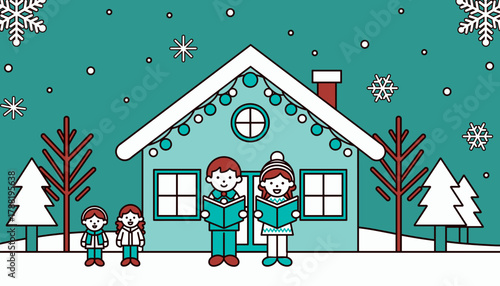 Family singing carols outside a decorated house, joyful celebration