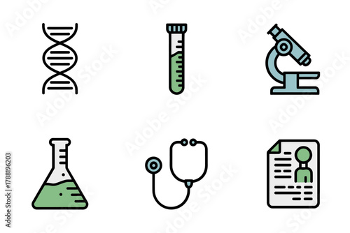 Flat vector icons for biotechnology and medical science, illustrating DNA research, laboratory equipment, microscope, test tube, and doctor's report.