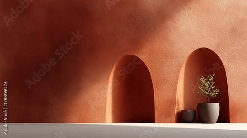 arched niches in milk chocolate plaster, subtle texture, soft window light, product-ready scene