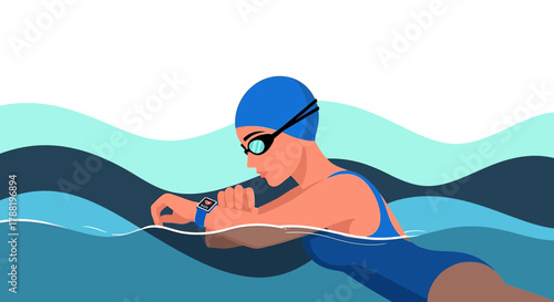 Female swimmer checking smartwatch performance during swimming training session in pool illustration